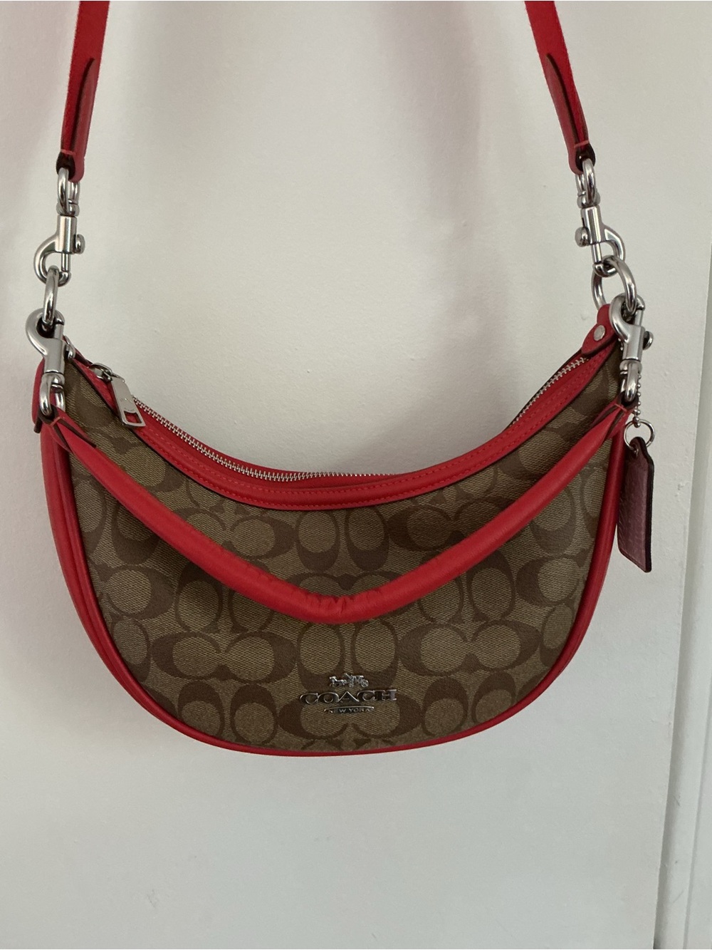 Coach Brown Signature Canvas Crescent Shoulder Bag with Red Trim - Picture 2 of 8